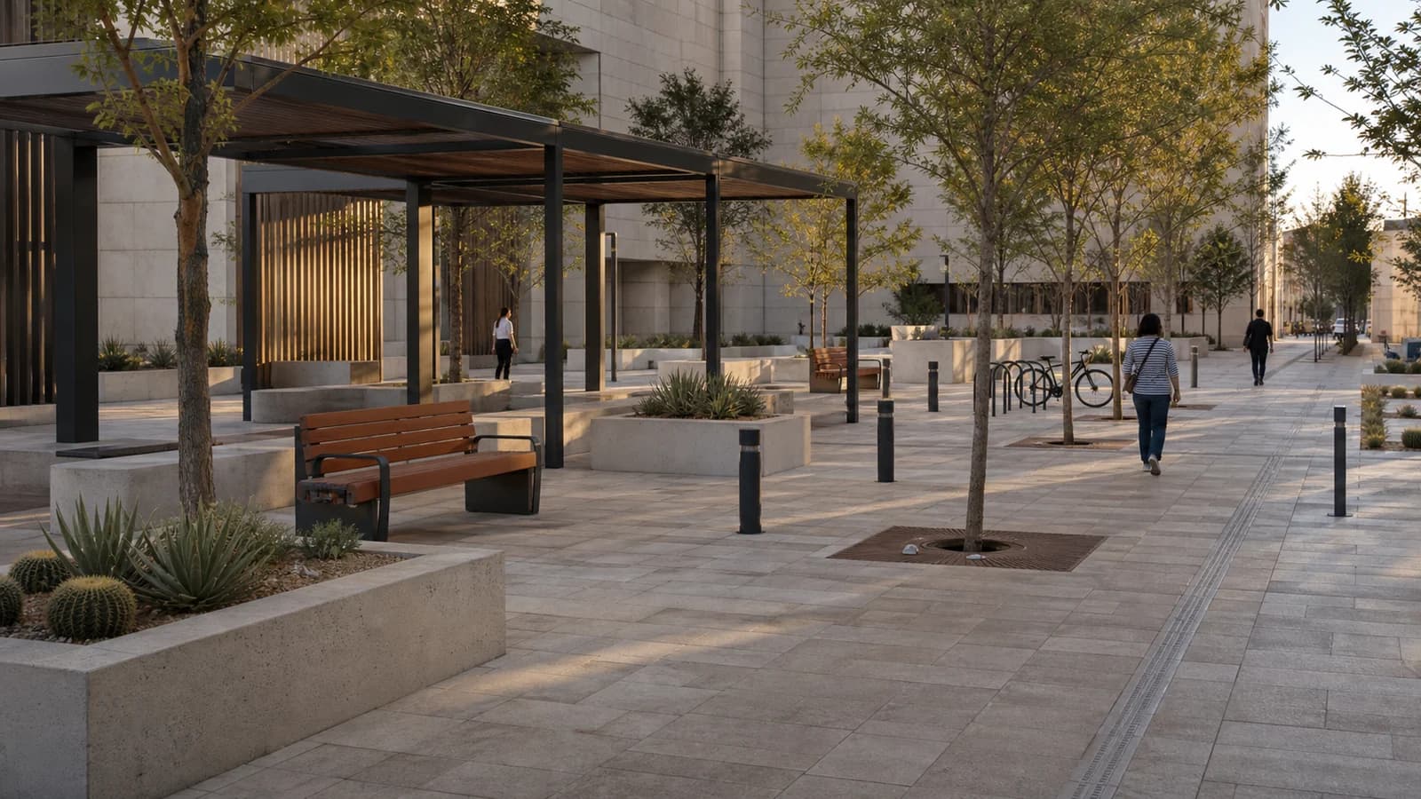 Coordinated pergolas, seating, planters and urban furniture in a public realm