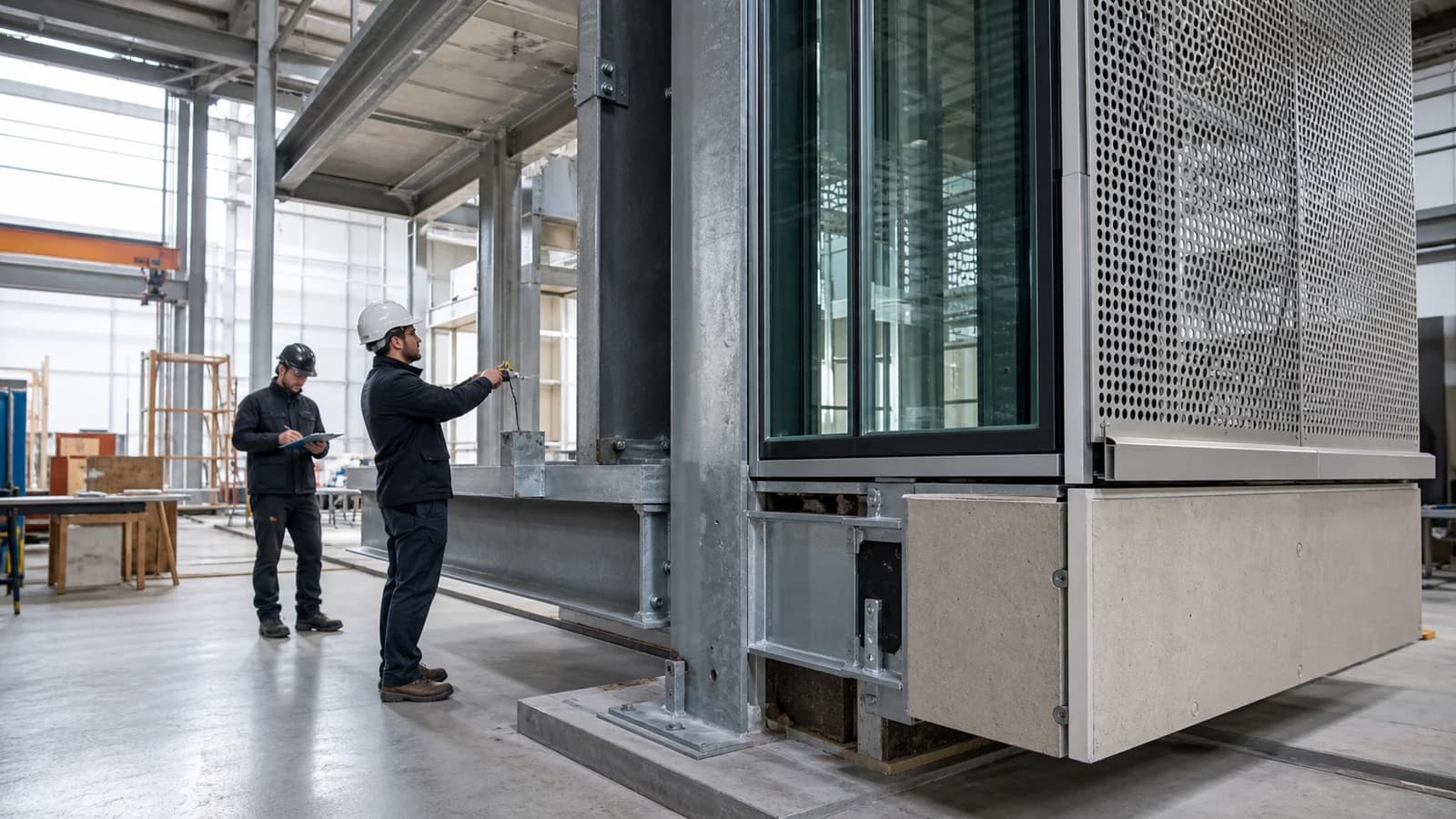 Engineers inspecting the junction between structural steel, glazing, metal screening and composite cladding